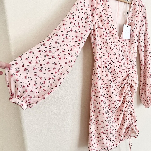 L’ACADEMIE Ruched Floral Long Sleeve Mini Dress in Pink - Picture 8 of 10